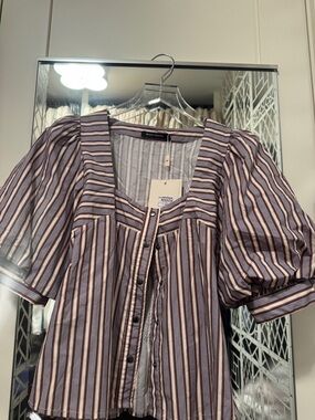 Striped Puff-Sleeve Button Front Blouse - Purple & Cream
